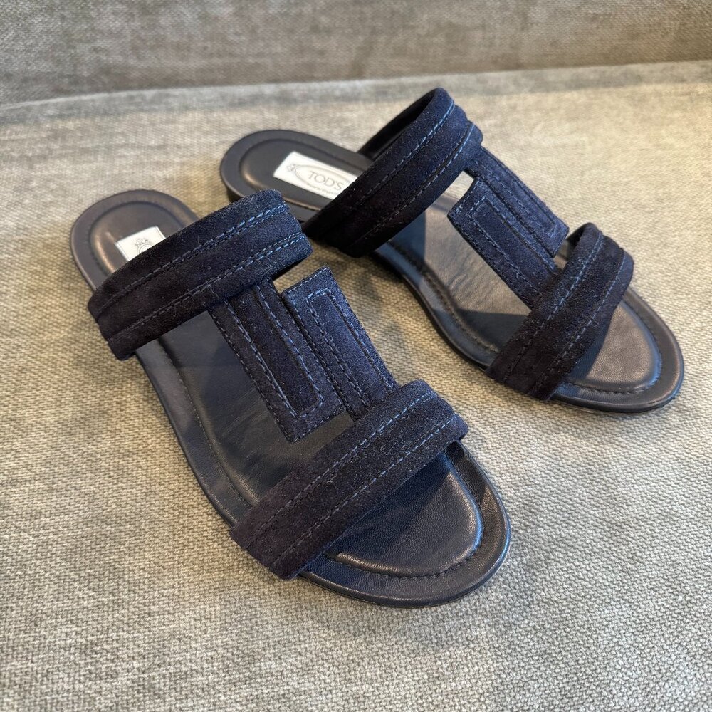 TOD'S Navy Suede T Slides Sandals